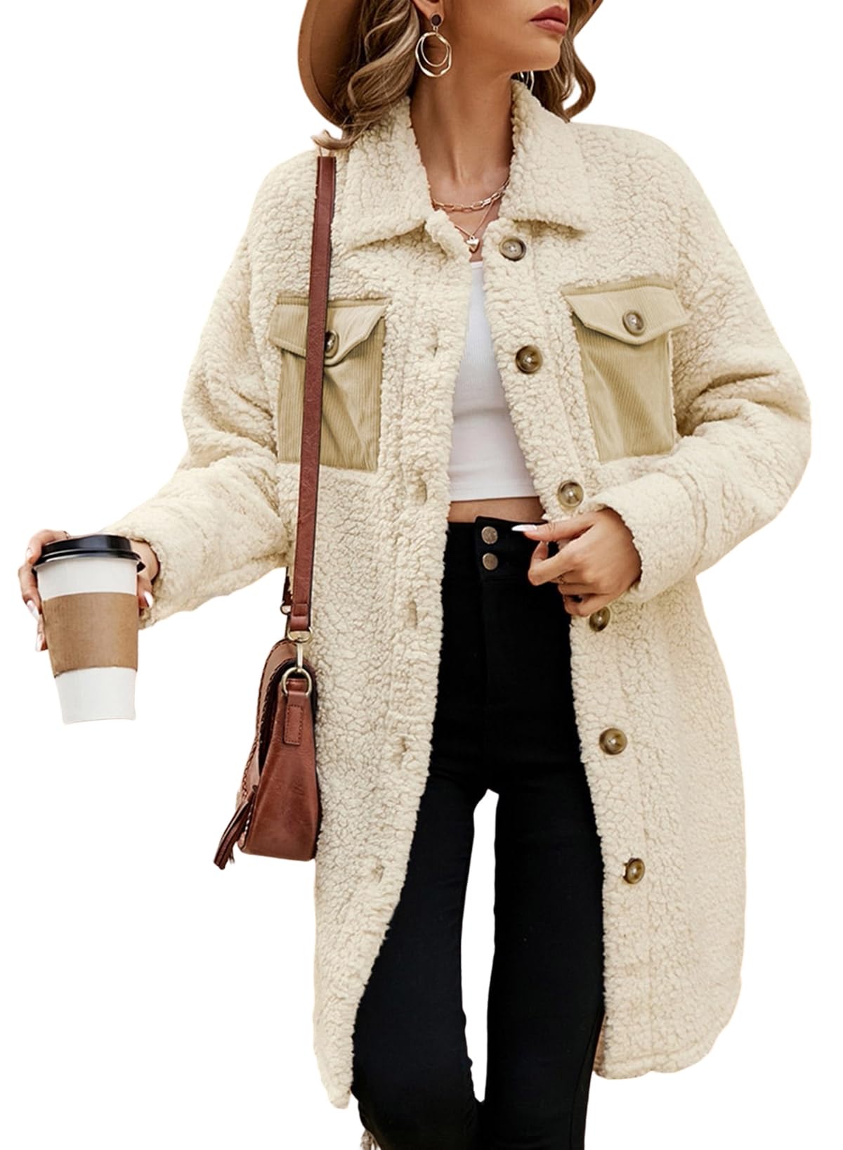 EVALESS Fuzzy Fleece Jackets for Women Fashion Button Down